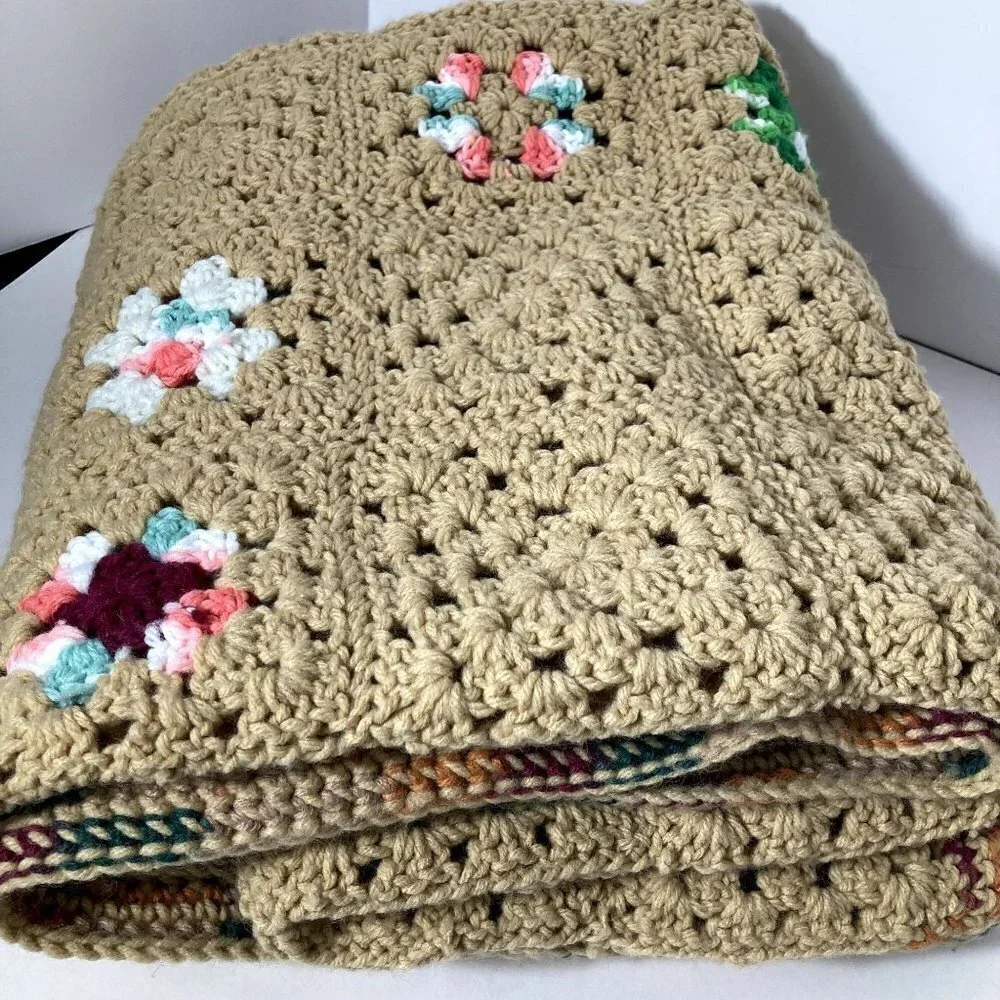 Handmade Granny Square Crocheted Blanket‎ Tan w Multicolored Squares 50 x 60